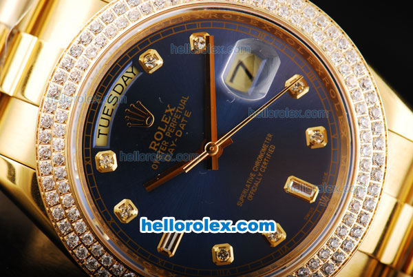 Rolex Day-Date II Automatic Movement Full Gold with Double Row Diamond Bezel-Blue Dial and Diamond Markers - Click Image to Close